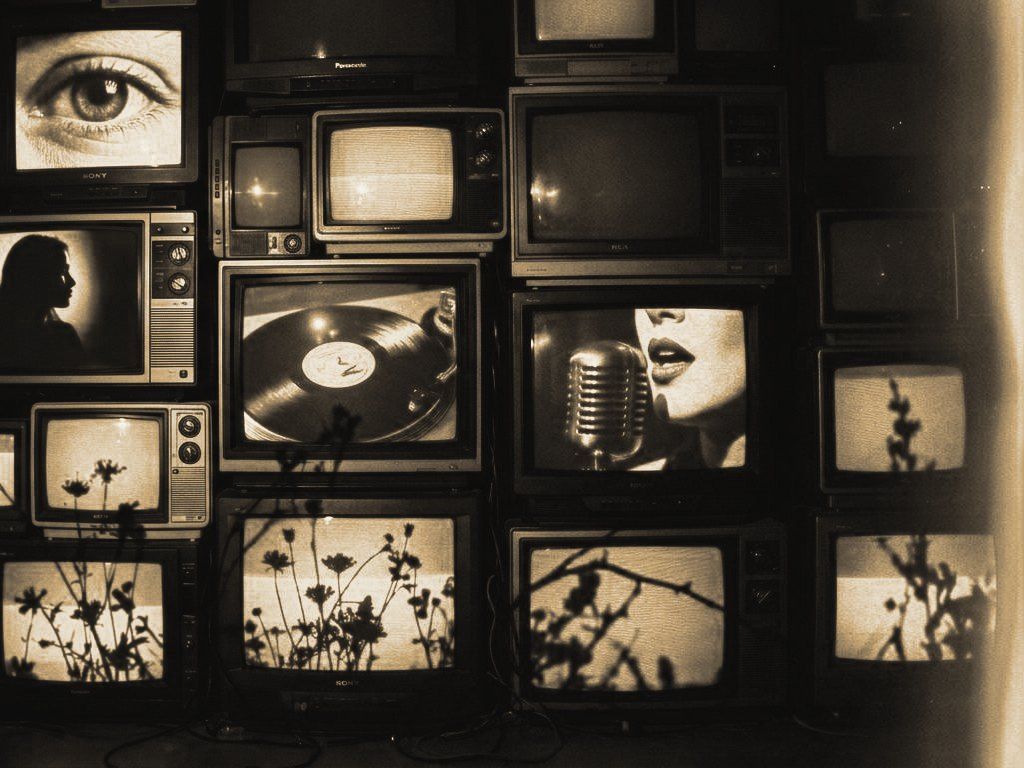 Un muro di televisori a tubo con labbra al microfono e un vinile sugli schermi.